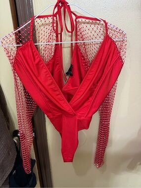 Red Rhinestone Mesh-Sleeve Halter Bodysuit
